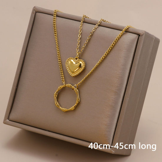 Picture of 1 Piece Vacuum Plating Simple & Casual Stylish 18K Gold Plated 304 Stainless Steel Link Cable Chain Heart Circle Ring Multilayer Layered Necklace For Women 40cm-45cm long
