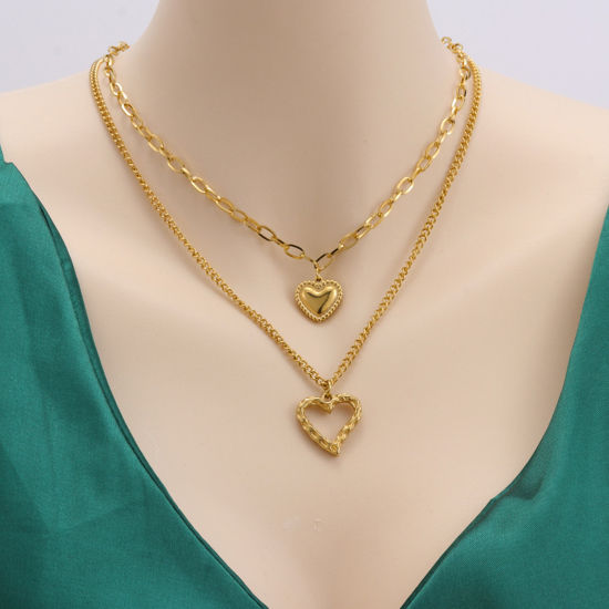 Picture of 1 Piece Vacuum Plating Simple & Casual Stylish 18K Gold Plated 304 Stainless Steel Link Cable Chain Heart Multilayer Layered Necklace For Women 40cm-45cm long