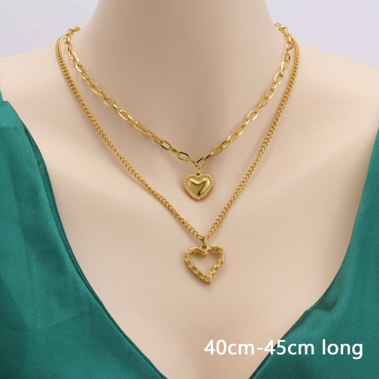 Picture of 1 Piece Vacuum Plating Simple & Casual Stylish 18K Gold Plated 304 Stainless Steel Link Cable Chain Heart Multilayer Layered Necklace For Women 40cm-45cm long