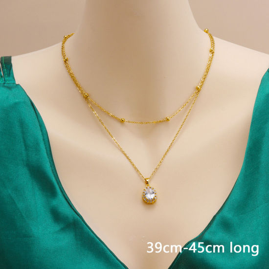 Picture of 1 Piece Vacuum Plating Simple & Casual Stylish 18K Gold Plated 304 Stainless Steel & Cubic Zirconia Ball Chain Oval Multilayer Layered Necklace For Women 39cm-45cm long