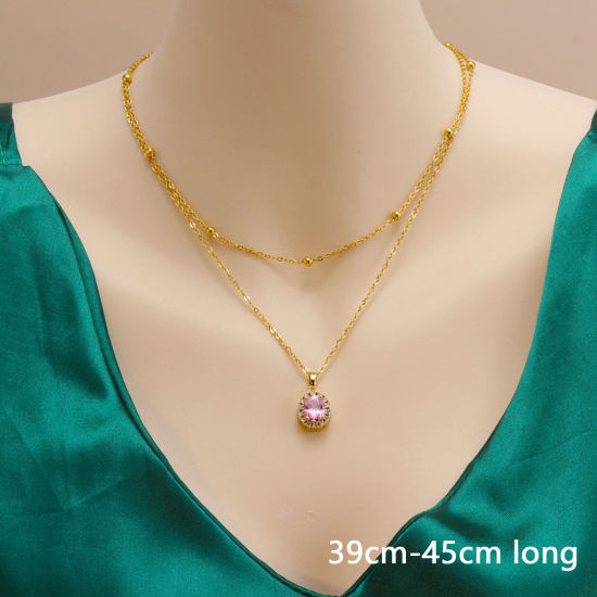 Picture of 1 Piece Vacuum Plating Simple & Casual Stylish 18K Gold Plated 304 Stainless Steel & Cubic Zirconia Ball Chain Oval Multilayer Layered Necklace For Women 39cm-45cm long