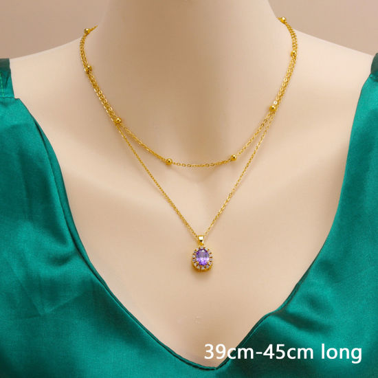 Picture of 1 Piece Vacuum Plating Simple & Casual Stylish 18K Gold Plated 304 Stainless Steel & Cubic Zirconia Ball Chain Oval Multilayer Layered Necklace For Women 39cm-45cm long