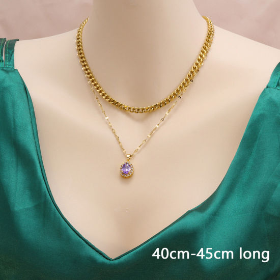 Picture of 1 Piece Vacuum Plating Simple & Casual Stylish 18K Gold Plated 304 Stainless Steel & Cubic Zirconia Lips Chain Oval Multilayer Layered Necklace For Women 40cm-45cm long
