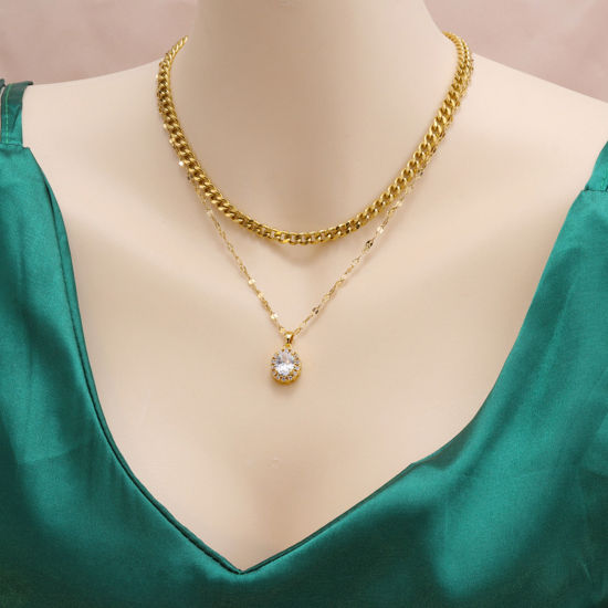 Picture of 1 Piece Vacuum Plating Simple & Casual Stylish 18K Gold Plated 304 Stainless Steel & Cubic Zirconia Lips Chain Oval Multilayer Layered Necklace For Women 40cm-45cm long