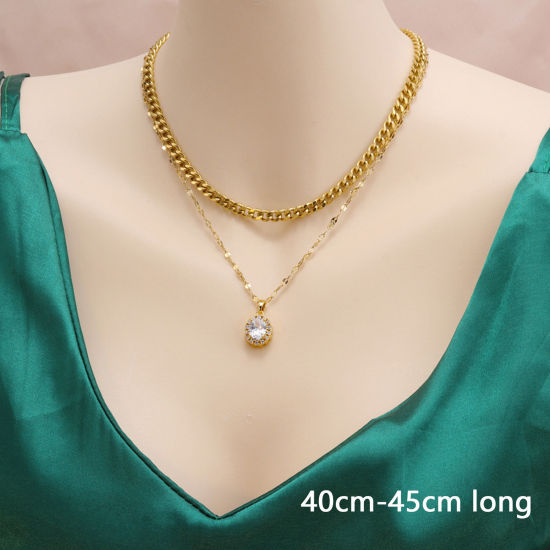 Picture of 1 Piece Vacuum Plating Simple & Casual Stylish 18K Gold Plated 304 Stainless Steel & Cubic Zirconia Lips Chain Oval Multilayer Layered Necklace For Women 40cm-45cm long