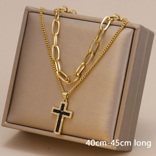 Picture of 1 Piece Vacuum Plating Simple & Casual Stylish 18K Gold Plated 304 Stainless Steel Paperclip Chain Cross Multilayer Layered Necklace For Women 40cm-45cm long