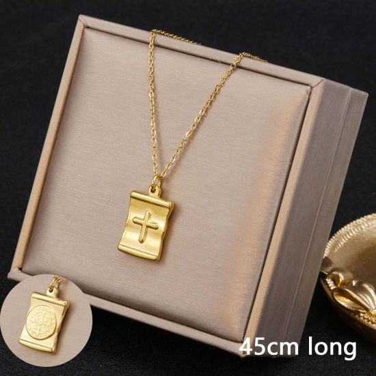 Picture of 1 Piece Vacuum Plating Minimalist Stylish 18K Gold Plated 304 Stainless Steel Link Cable Chain Rectangle Cross Pendant Necklace For Women Mother's Day 45cm(17 6/8") long