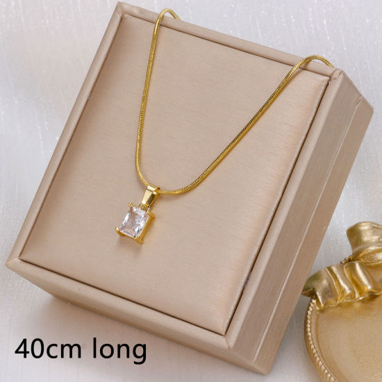 Picture of 1 Piece Vacuum Plating Exquisite Birthstone 18K Gold Plated 304 Stainless Steel & Cubic Zirconia Snake Chain Rectangle Pendant Necklace For Women Birthday 40cm(15 6/8") long