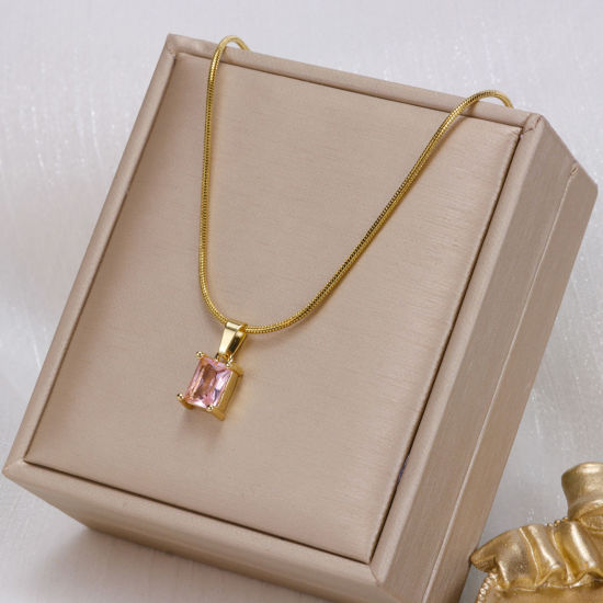 Picture of 1 Piece Vacuum Plating Exquisite Birthstone 18K Gold Plated 304 Stainless Steel & Cubic Zirconia Snake Chain Rectangle Pendant Necklace For Women Birthday 40cm(15 6/8") long