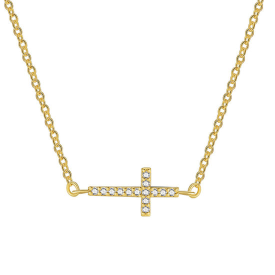 Picture of Eco-friendly Stylish Religious 18K Real Gold Plated Brass & Cubic Zirconia Link Cable Chain Cross Pendant Necklace For Women Party 45cm(17 6/8") long, 1 Piece