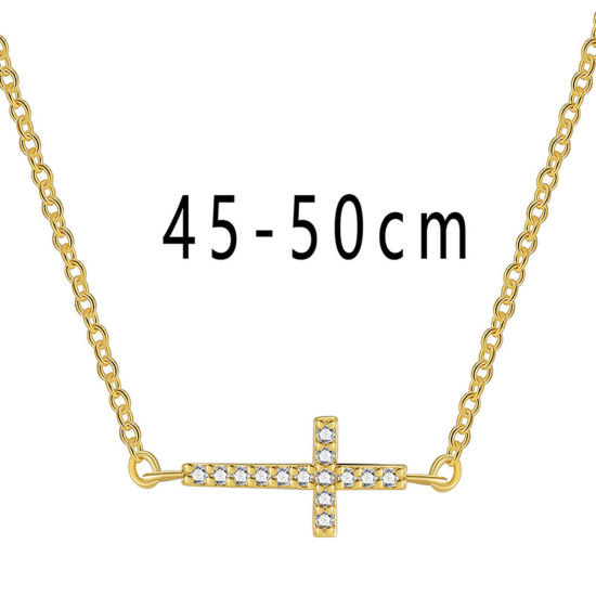 Picture of Eco-friendly Stylish Religious 18K Real Gold Plated Brass & Cubic Zirconia Link Cable Chain Cross Pendant Necklace For Women Party 45cm(17 6/8") long, 1 Piece