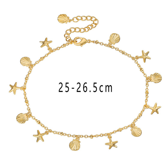 Picture of Eco-friendly Exquisite Ocean Jewelry 18K Real Gold Plated Copper Link Cable Chain Star Fish Shell Anklet For Women 25cm(9 7/8") long, 1 Piece