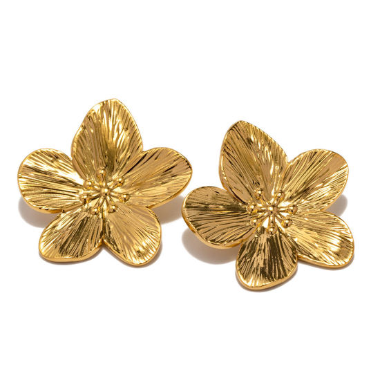 Immagine di 1 Paio Placcatura Sottovuoto Elegante Retrò 18K Vero Oro Placcato 304 Acciaio Inossidabile Fiore Orecchini a Perno Per Donne Festa 3cm x 3cm