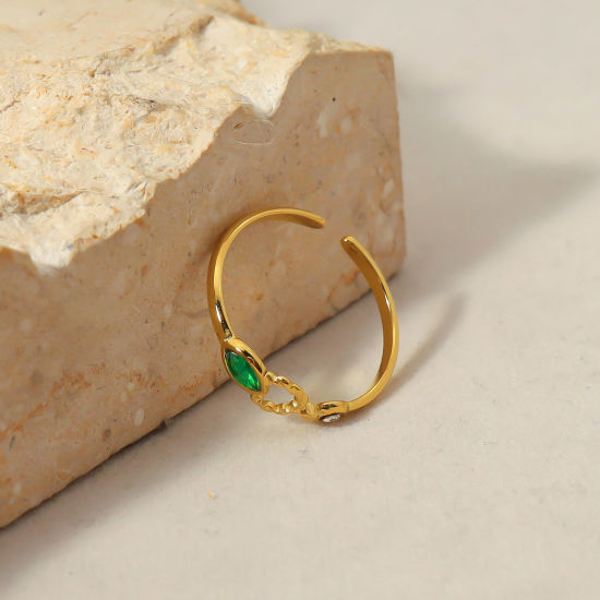 Bild von 1 Stück Vakuumbeschichtung Exquisit Stilvoll 18K Gold plattiert 304 Edelstahl & Zirkon Offen Verstellbar Ring Oval Ring Für Frauen Jubiläum 19mm (US Größe 9)