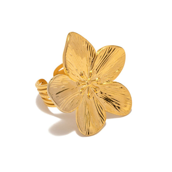 Bild von 1 Stück Vakuumbeschichtung Retro Stilvoll 18K Echtgold plattiert 304 Edelstahl Offen Verstellbar Blumen Ring Für Frauen Party 20mm（US Größe:10,25)