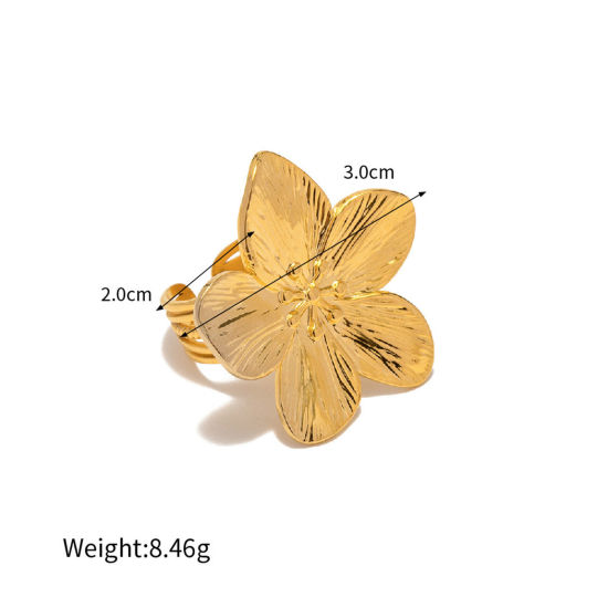 Bild von 1 Stück Vakuumbeschichtung Retro Stilvoll 18K Echtgold plattiert 304 Edelstahl Offen Verstellbar Blumen Ring Für Frauen Party 20mm（US Größe:10,25)