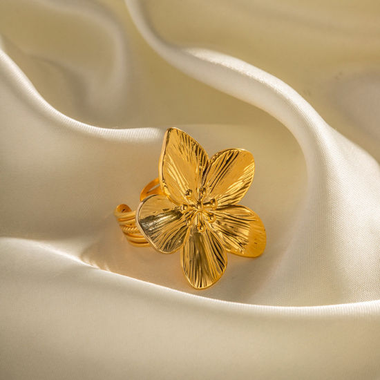 Bild von 1 Stück Vakuumbeschichtung Retro Stilvoll 18K Echtgold plattiert 304 Edelstahl Offen Verstellbar Blumen Ring Für Frauen Party 20mm（US Größe:10,25)
