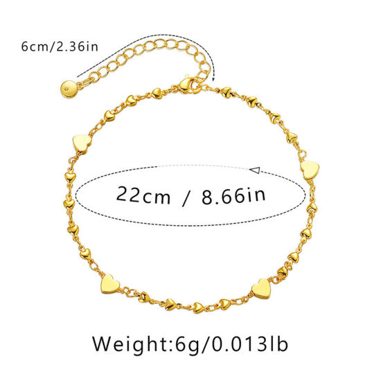 Picture of Eco-friendly Minimalist Stylish 18K Gold Plated Brass Heart Link Chain Heart Anklet For Women 22cm(8 5/8") long, 1 Piece