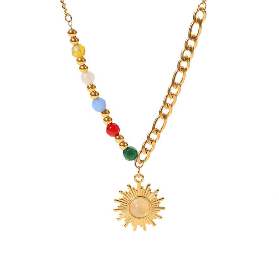 Image de 1 Pièce Collier à Pendentif Chaîne Maille Cheval Rétro en 304 Acier Inoxydable & Pierre Placage sous Vide À la Mode Plaqué Or Véritable 18K Soleil Pour Femmes 40cm long