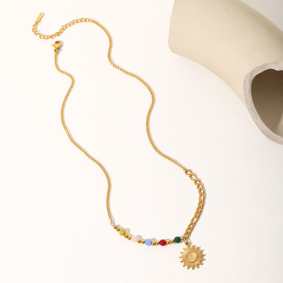 Image de 1 Pièce Collier à Pendentif Chaîne Maille Cheval Rétro en 304 Acier Inoxydable & Pierre Placage sous Vide À la Mode Plaqué Or Véritable 18K Soleil Pour Femmes 40cm long