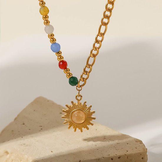 Image de 1 Pièce Collier à Pendentif Chaîne Maille Cheval Rétro en 304 Acier Inoxydable & Pierre Placage sous Vide À la Mode Plaqué Or Véritable 18K Soleil Pour Femmes 40cm long