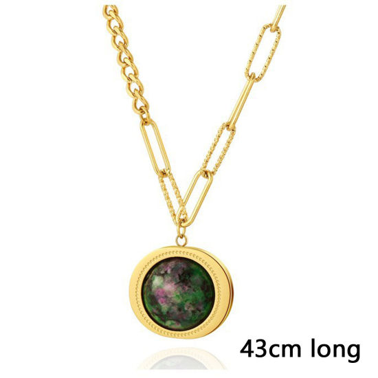 Picture of 1 Piece Vacuum Plating Stylish Boho Chic Bohemia 14K Real Gold Plated 304 Stainless Steel & Stone Paperclip Chain Round Pendant Necklace For Women Party 43cm(16 7/8") long