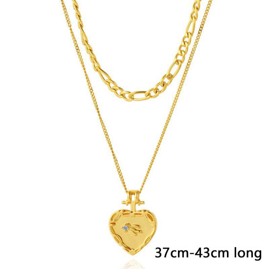 Picture of 1 Piece Vacuum Plating Stylish Boho Chic Bohemia 14K Real Gold Plated 304 Stainless Steel & Stone Curb Link Chain Heart Multilayer Layered Necklace For Women Party 37cm-43cm long