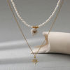 Picture of 1 Piece Vacuum Plating Dainty Retro 18K Gold Plated 304 Stainless Steel & Natural Pearl Link Cable Chain Sun Multilayer Layered Necklace For Women Party 35cm-45cm long