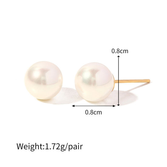 Picture of Hypoallergenic Retro Elegant 18K Gold Plated 304 Stainless Steel Ball Imitation Pearl Ear Post Stud Earrings For Women Anniversary 8mm Dia., 1 Pair