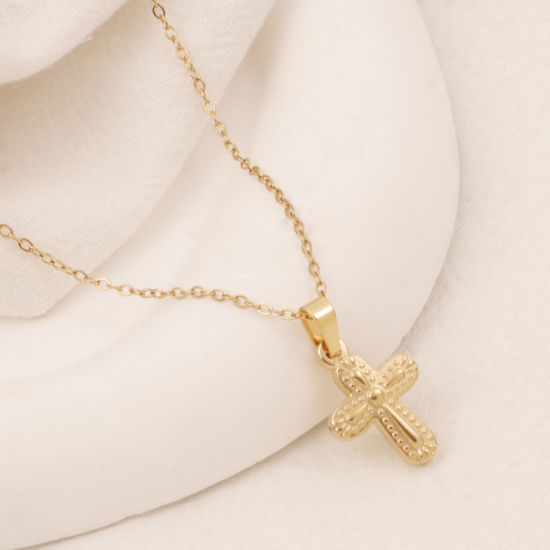 Image de Collier à Pendentif Chaîne Maille Forçat Religieux en 304 Acier Inoxydable Placage Sous Vide Écologique Simple & Décontracté Plaqué Or 18K Croix Unisexe 38cm long, 1 Pièce