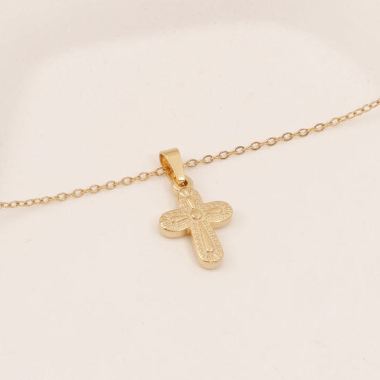 Image de Collier à Pendentif Chaîne Maille Forçat Religieux en 304 Acier Inoxydable Placage Sous Vide Écologique Simple & Décontracté Plaqué Or 18K Croix Unisexe 38cm long, 1 Pièce