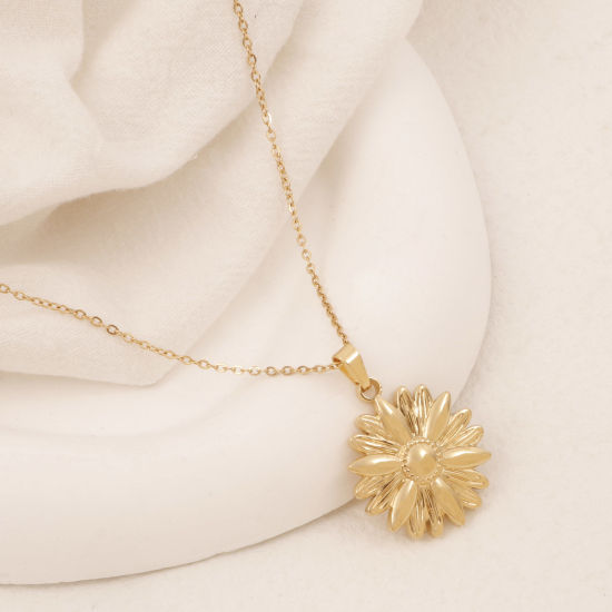Image de Collier à Pendentif Chaîne Maille Forçat Élégant en 304 Acier Inoxydable Placage Sous Vide Écologique Simple & Décontracté Plaqué Or 18K Tournesol Unisexe 38cm long, 1 Pièce