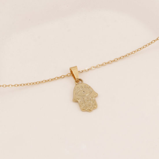 Image de Collier à Pendentif Chaîne Maille Forçat Religieux en 304 Acier Inoxydable Placage Sous Vide Écologique Simple & Décontracté Plaqué Or 18K Khamsa Symbole Paume Unisexe 38cm long, 1 Pièce