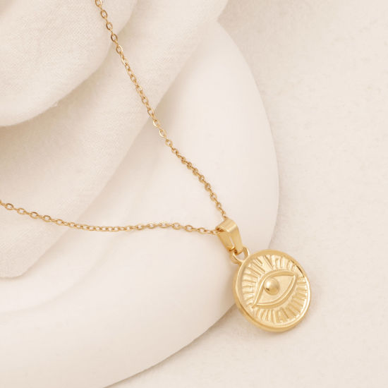 Image de Collier à Pendentif Chaîne Maille Forçat Religieux en 304 Acier Inoxydable Placage Sous Vide Écologique Simple & Décontracté Plaqué Or 18K Rond Yeux Unisexe 38cm long, 1 Pièce
