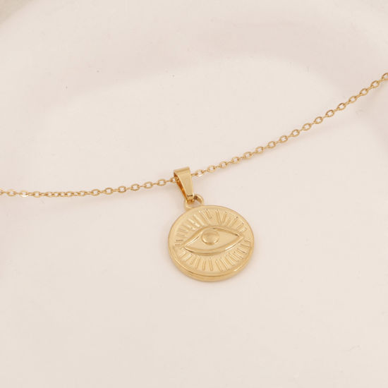 Image de Collier à Pendentif Chaîne Maille Forçat Religieux en 304 Acier Inoxydable Placage Sous Vide Écologique Simple & Décontracté Plaqué Or 18K Rond Yeux Unisexe 38cm long, 1 Pièce