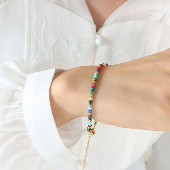 Imagen de Enchapado al Vacío Ecológico Sencillo & Casual Bohemia 18K Oro Real Chapado 304 Acero Inoxidable & Piedra Cadenas Dainty Bracelets Delicate Bracelets Beaded Bracelet Para Mujeres Día de la Madre 18cm longitud, 1 Unidad