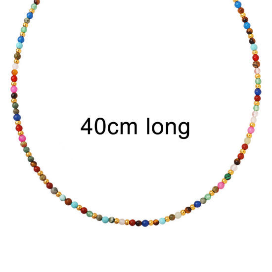 Picture of Eco-friendly Simple & Casual Boho Chic Bohemia Multicolor 304 Stainless Steel & Stone Ball Chain Beaded Necklace For Women 40cm(15 6/8") long, 1 Piece