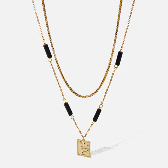 Picture of Eco-friendly Vacuum Plating Simple & Casual Stylish 18K Gold Plated 304 Stainless Steel & Stone Box Chain Rectangle Snake Multilayer Layered Necklace Unisex Party 35cm-40cm long, 1 Piece