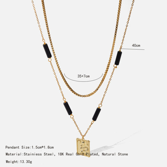 Picture of Eco-friendly Vacuum Plating Simple & Casual Stylish 18K Gold Plated 304 Stainless Steel & Stone Box Chain Rectangle Snake Multilayer Layered Necklace Unisex Party 35cm-40cm long, 1 Piece