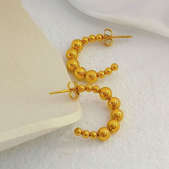 Immagine di Placcatura Sottovuoto Ecologica Semplice & Casual Retrò Placcato Oro 18K 304 Acciaio Inossidabile forma di C Orecchini Circolari Per Donne Festa 21mm Dia., 1 Paio