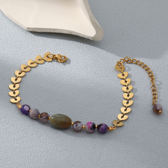 Immagine di Placcatura Sottovuoto Ecologica Semplice & Casual Stile Bohemien Placcato Oro 18K 304 Acciaio Inossidabile & Pietra Catena Cuore Braccialetti Per Donne Festa 16cm Lunghezza, 1 Pz