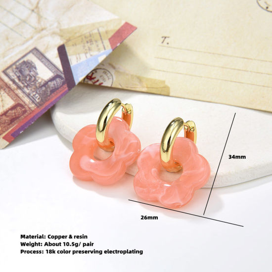 Picture of 1 Pair Hypoallergenic Sweet & Cute Stylish 18K Gold Plated Orange Pink Brass & Resin Flower Earrings For Women Party 3.4cm x 2.6cm