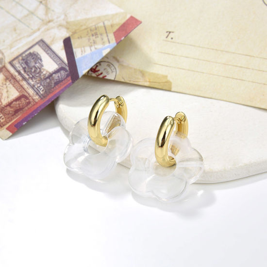 Picture of 1 Pair Hypoallergenic Sweet & Cute Stylish 18K Gold Plated Transparent Clear Brass & Resin Flower Earrings For Women Party 3.4cm x 2.6cm