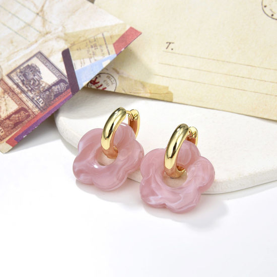 Picture of 1 Pair Hypoallergenic Sweet & Cute Stylish 18K Gold Plated Pale Lilac Brass & Resin Flower Earrings For Women Party 3.4cm x 2.6cm