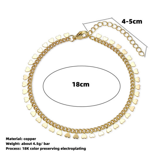 Image de 1 Pièce Respectueux de la Nature Simple & Décontracté Bracelets Chaîne Maille Forçat Élégant en Laiton Plaqué Or 18K Franges Pompons Glands Cœur Pour Femmes 18cm long
