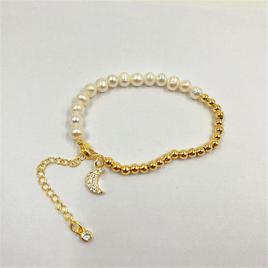 Picture of Eco-friendly Retro Elegant 18K Real Gold Plated Pearl & Brass Ball Chain Half Moon Splicing Charm Bracelets For Women 17cm(6 6/8") long, 1 Piece