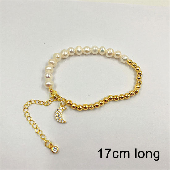 Picture of Eco-friendly Retro Elegant 18K Real Gold Plated Pearl & Brass Ball Chain Half Moon Splicing Charm Bracelets For Women 17cm(6 6/8") long, 1 Piece