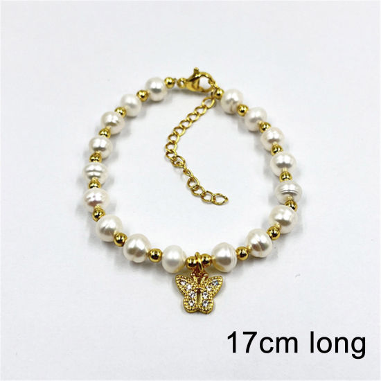 Picture of Eco-friendly Retro Elegant 18K Real Gold Plated Pearl & Brass Butterfly Animal Charm Bracelets For Women 17cm(6 6/8") long, 1 Piece