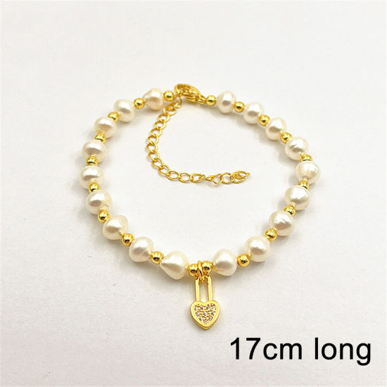 Picture of Eco-friendly Retro Elegant 18K Real Gold Plated Pearl & Brass Lock Charm Bracelets For Women 17cm(6 6/8") long, 1 Piece