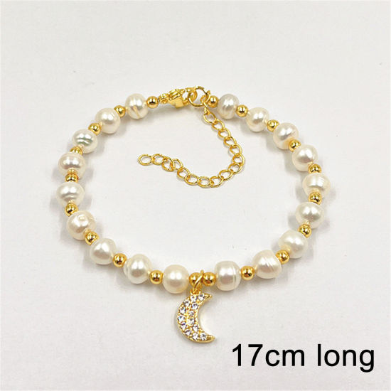 Picture of Eco-friendly Retro Elegant 18K Real Gold Plated Pearl & Brass Half Moon Charm Bracelets For Women 17cm(6 6/8") long, 1 Piece